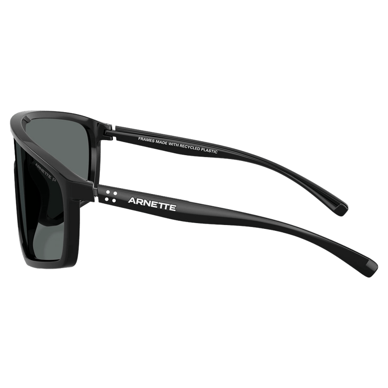 Side view of the Arnette Stripe M Sunglasses in Black, Dark Grey lens, unisex model