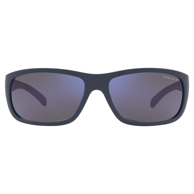 Front view of the Arnette Uka-Uka Sunglasses in Matte Blue, Dark Grey mirror Water Polar lens, unisex model
