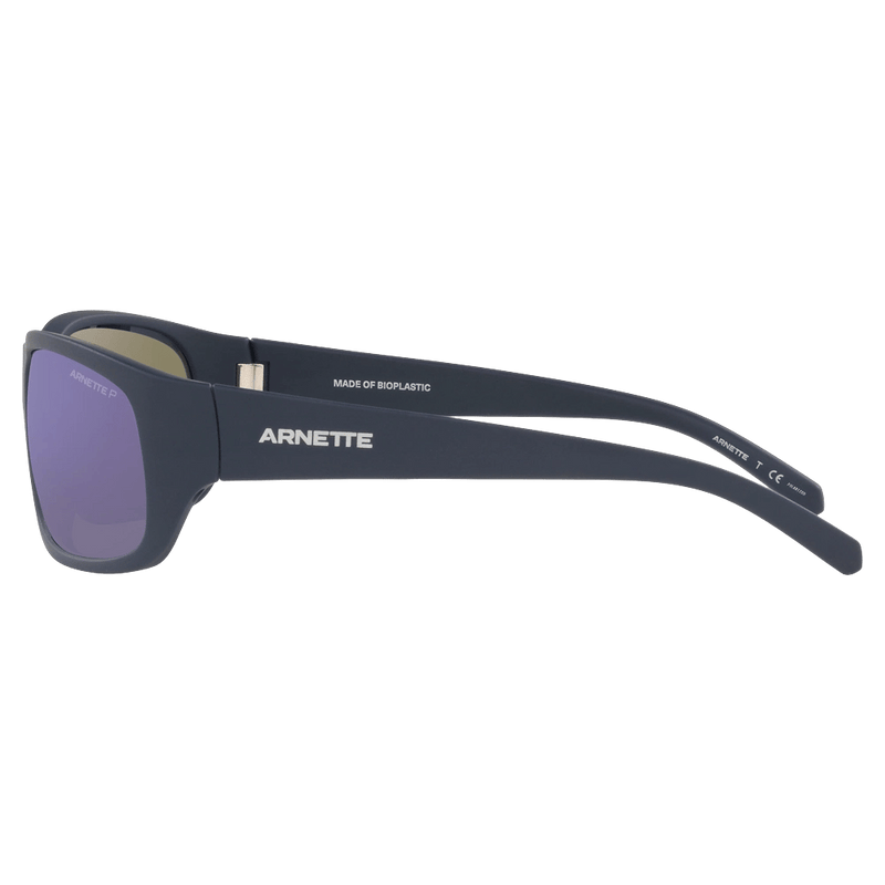 Side view of the Arnette Uka-Uka Sunglasses in Matte Blue, Dark Grey mirror Water Polar lens, unisex model