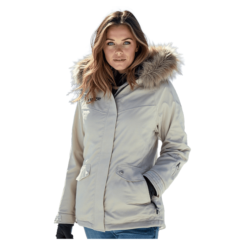 Off-white Pure Aspen women's ski jacket with a faux fur-trimmed hood, front flap pockets, and zip-up front.