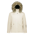 Pure Aspen women's ski jacket in cream with a faux-fur hood, gold hardware, and front flap pockets.