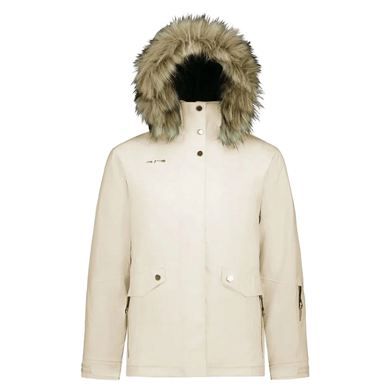 Pure Aspen women's ski jacket in cream with a faux-fur hood, gold hardware, and front flap pockets.