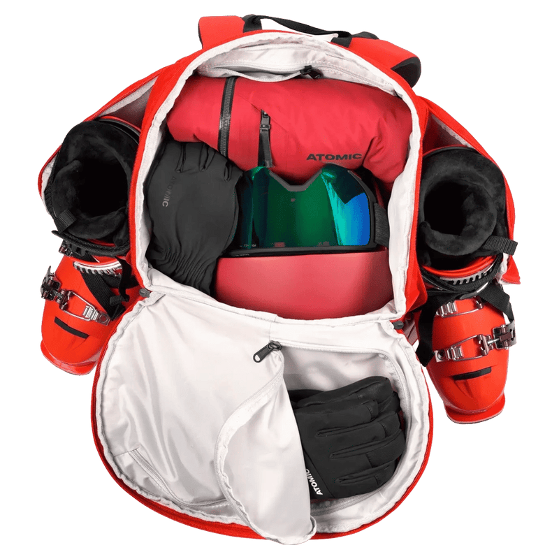 Filled view of the Atomic Rs Pack 30L Boot Bag in Red colourway, unisex model