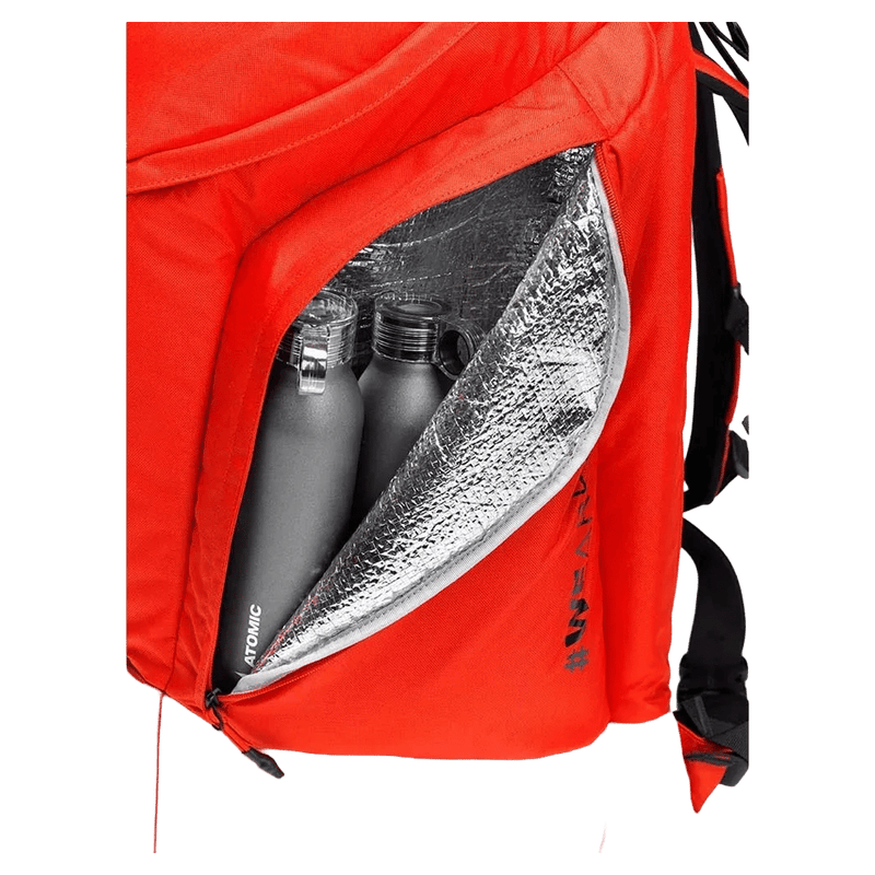 Detail view of the Atomic Rs Pack 90L Boot Bag in Red colourway, unisex model