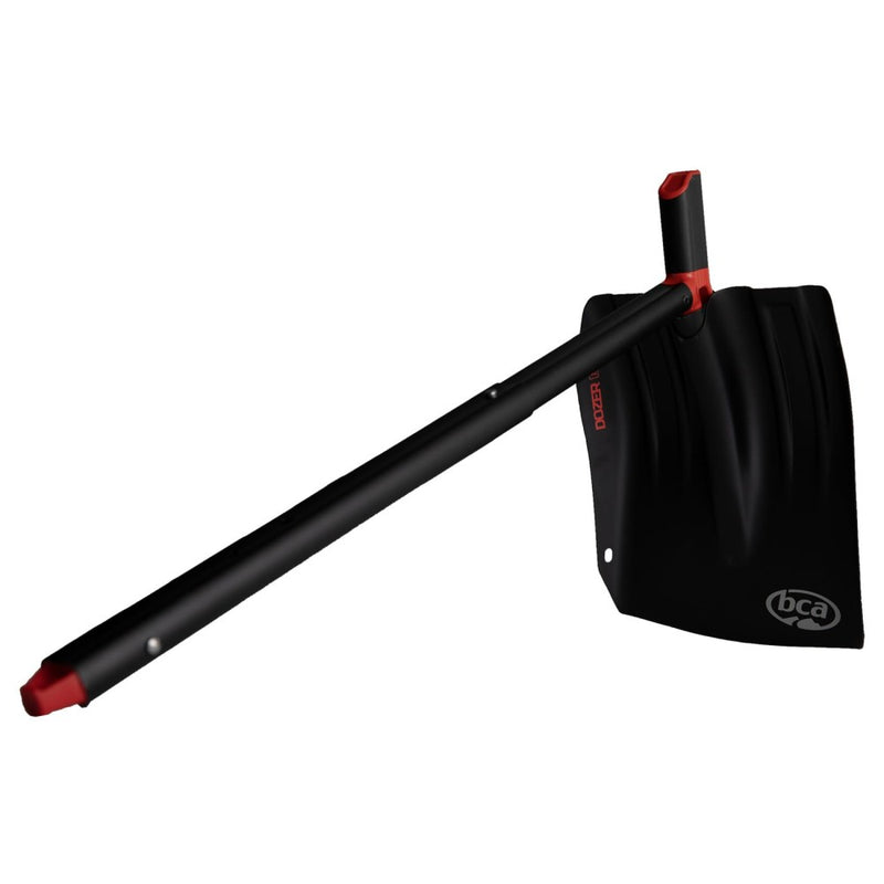 Black BCA Dozer 2H-S avalanche shovel with a metal blade, extendable handle, and red-accented T-grip in the hoe position