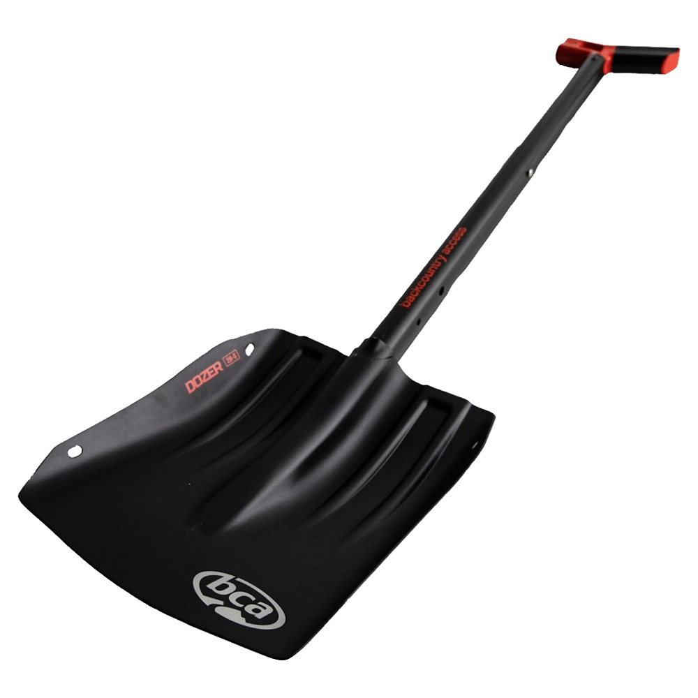 Black BCA Dozer 2H-S avalanche shovel with a metal blade, extendable handle, and red-accented T-grip.