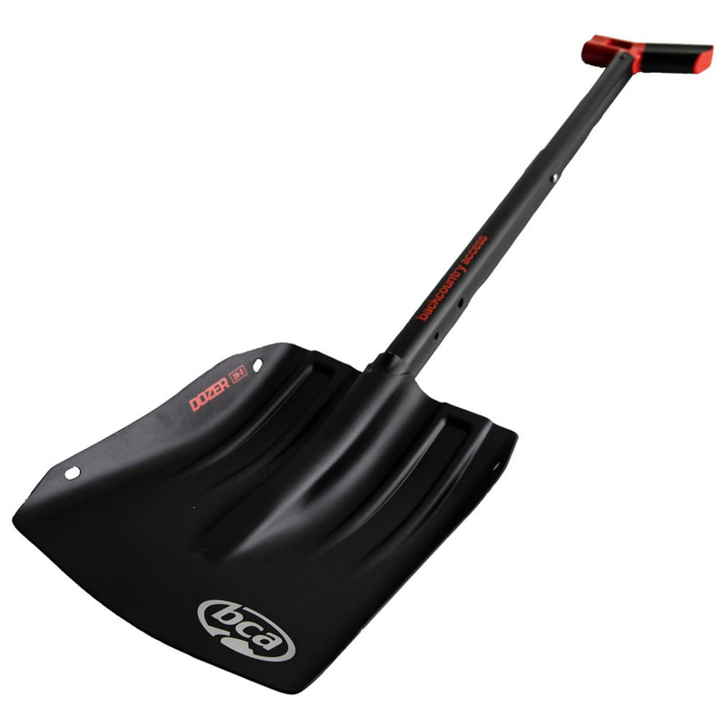 Black BCA Dozer 2H-S avalanche shovel with a metal blade, extendable handle, and red-accented T-grip.