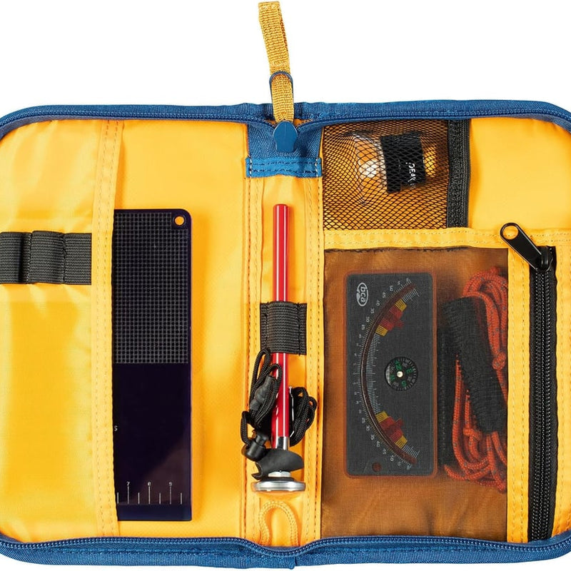 Open case with pockets and zippered pouches containing a slope meter, crystal card, analog thermometer, magnifying loupe, ect cord