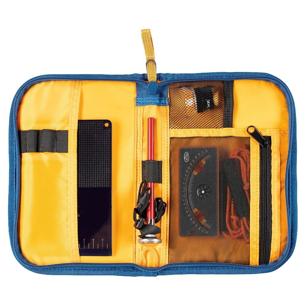 Open case with pockets and zippered pouches containing a slope meter, crystal card, analog thermometer, magnifying loupe, ect cord