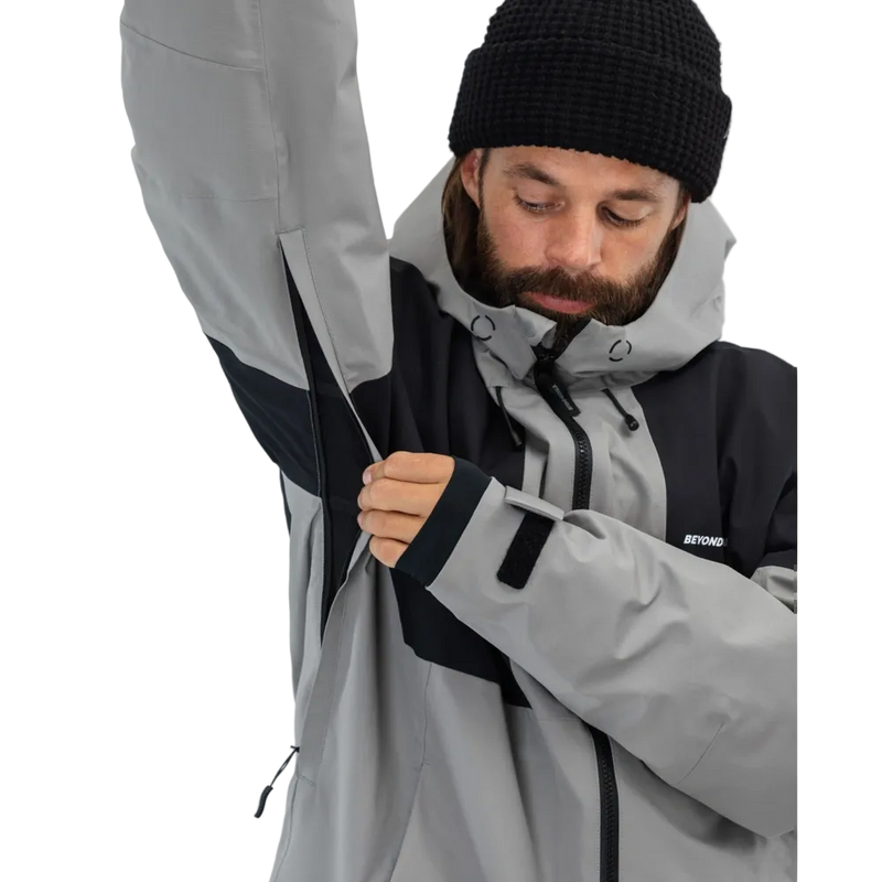 Vents view of the Beyond Medals Fullzip 2L snowboard Jacket in Grey colourway, unisex's model
