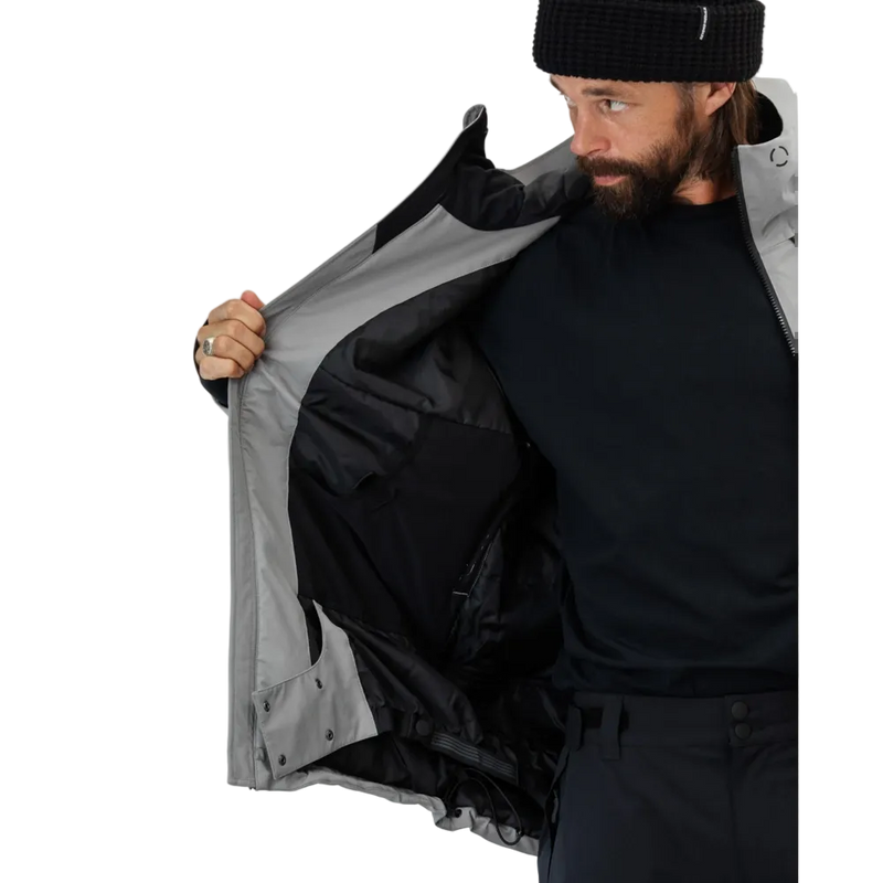 Inside pockets view of the Beyond Medals Fullzip 2L snowboard Jacket in Grey colourway, unisex's model
