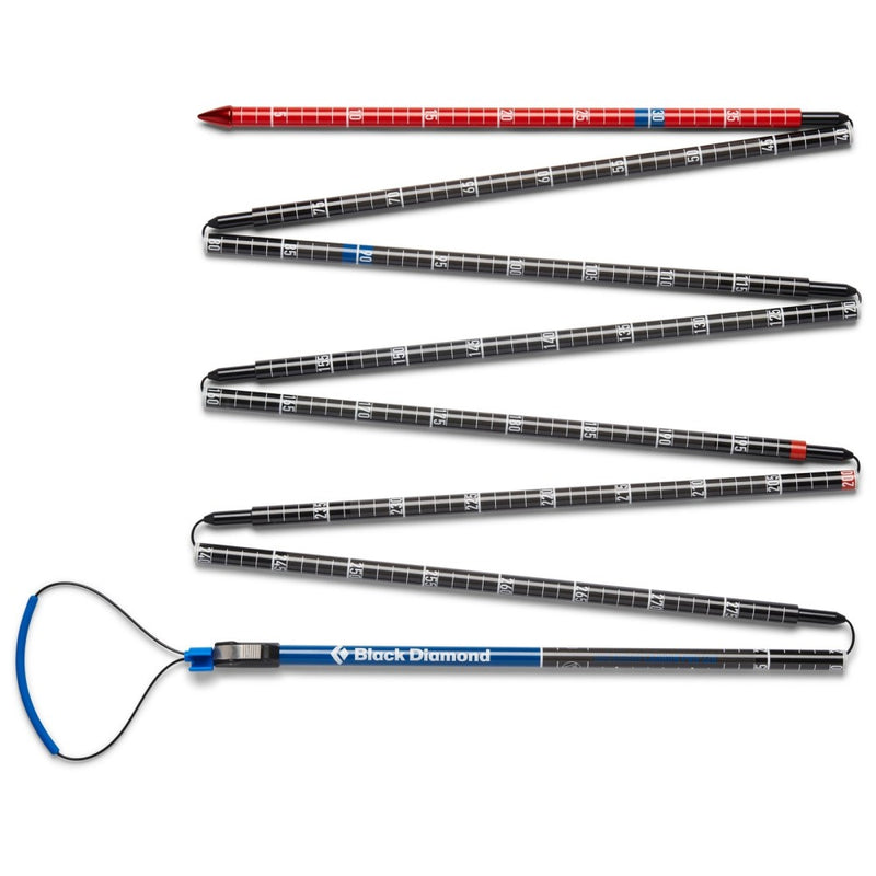 Black Diamond Quickdraw Pro Carbon Probe showing probe open with white number lines, red bottom of probe and blue handle pull