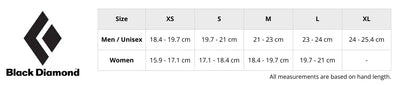 Size chart for Black Diamond handwear showing measurements for men and women. Includes hand circumference in centimetres, with corresponding sizes. Helps customers find the right glove or mitten fit