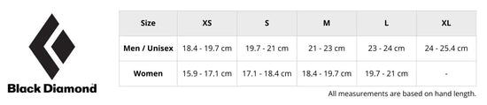 Size chart for Black Diamond handwear showing measurements for men and women. Includes hand circumference in centimetres, with corresponding sizes. Helps customers find the right glove or mitten fit