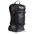 Black Burton AK Dispatcher Backcountry Backpack with shiny technical fabric, compression straps, and orange zipper pull.