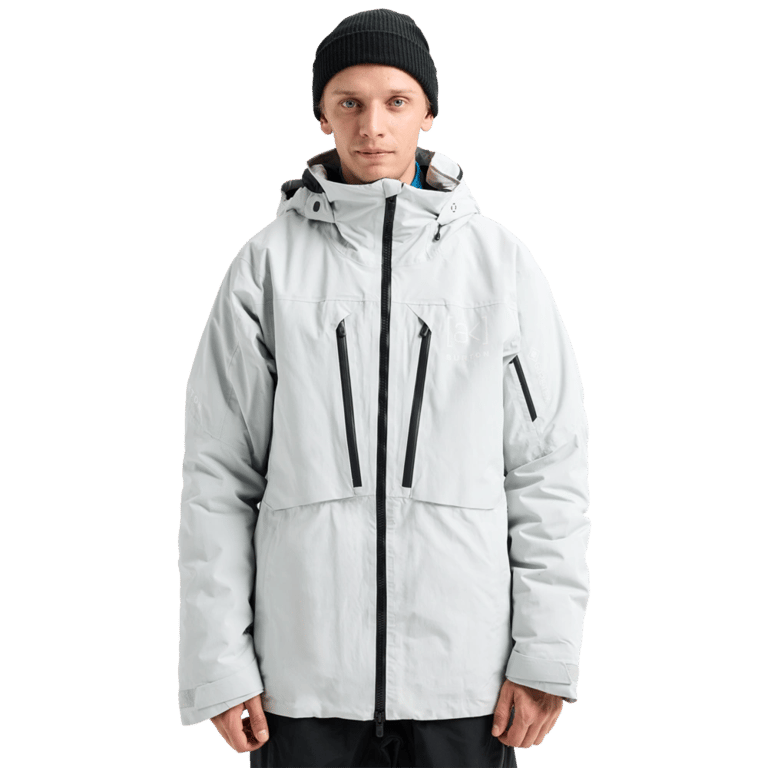 Light grey Burton AK Lz Gore-Tex 2L Down Snowboard Jacket with black zippers and hood, front view.