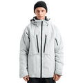Light grey Burton AK Lz Gore-Tex 2L Down Snowboard Jacket with black zippers and hood, front view.