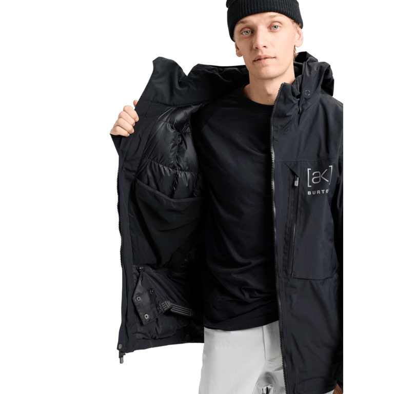 Black Burton [ak] Lz Gore-Tex 2L Down Snowboard Jacket showing quilted interior lining, mesh pocket, and powder skirt.