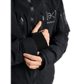 Black Burton AK Lz Gore-Tex 2L Down Snowboard Jacket with waterproof zippers, chest logo, and thumbhole wrist gaiters.