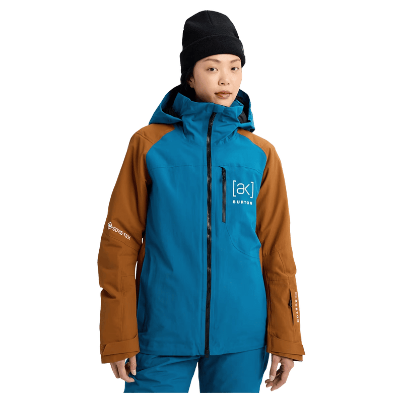 Front view of the Burton AK Embark Snowboard Jacket in Blue Teal and Chestnut colourway, women's model