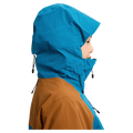 Hood view of the Burton AK Embark Snowboard Jacket in Blue Teal and Chestnut colourway, women's model