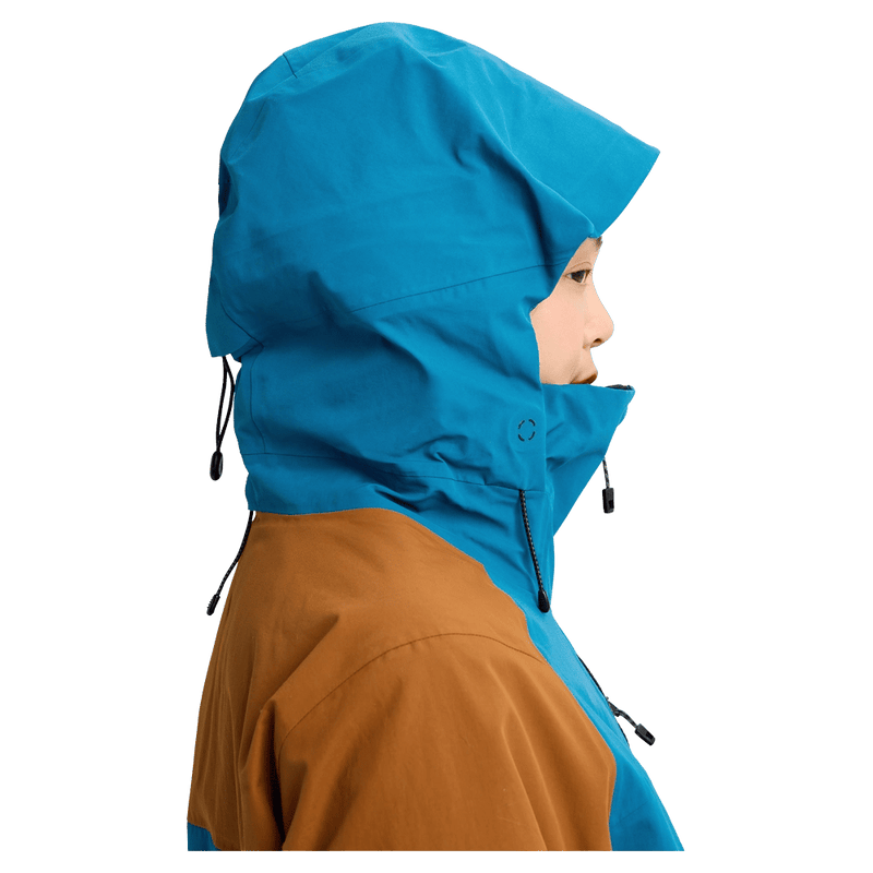 Hood view of the Burton AK Embark Snowboard Jacket in Blue Teal and Chestnut colourway, women's model