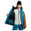 Inside view of the Burton AK Embark Snowboard Jacket in Blue Teal and Chestnut colourway, women's model
