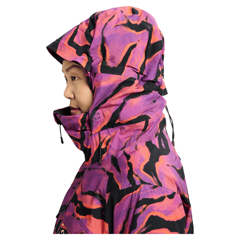 Hood view of the Burton AK Embark Snowboard Jacket in Slash Multi colourway, women's model