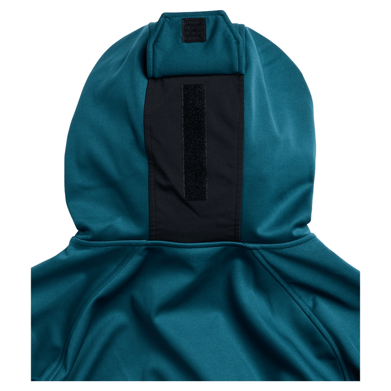 Hood view of the Burton Crown Riding Hoodie in Atlantic Teal colourway, unisex's model