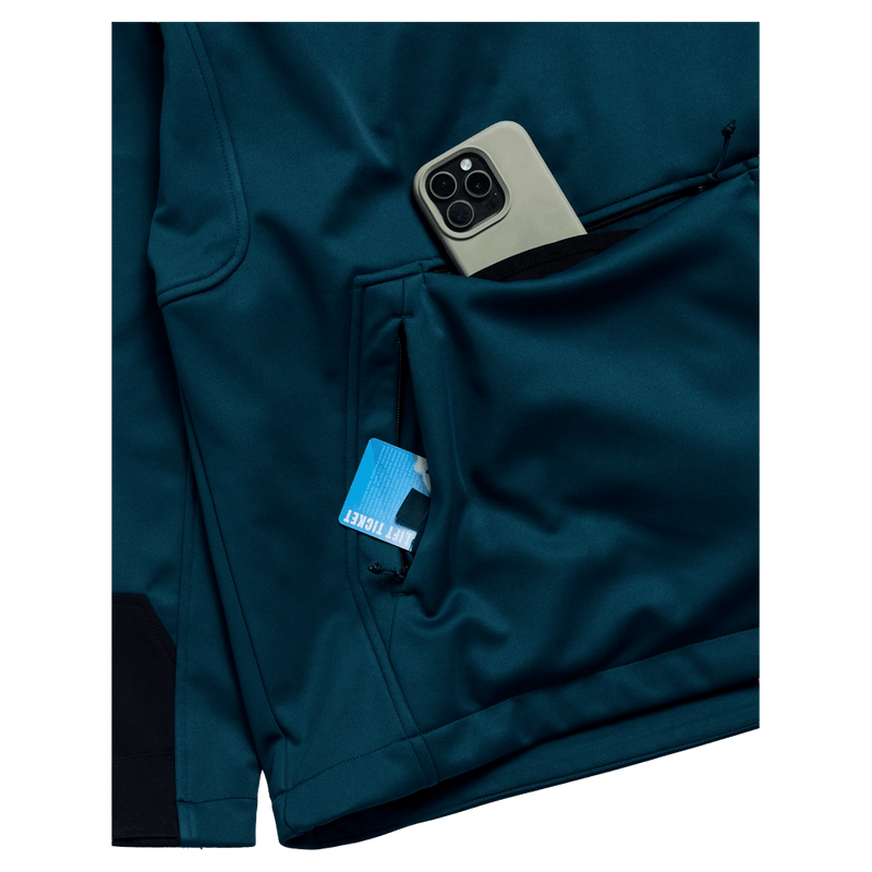 Pocket view of the Burton Crown Riding Hoodie in Atlantic Teal colourway, unisex's model
