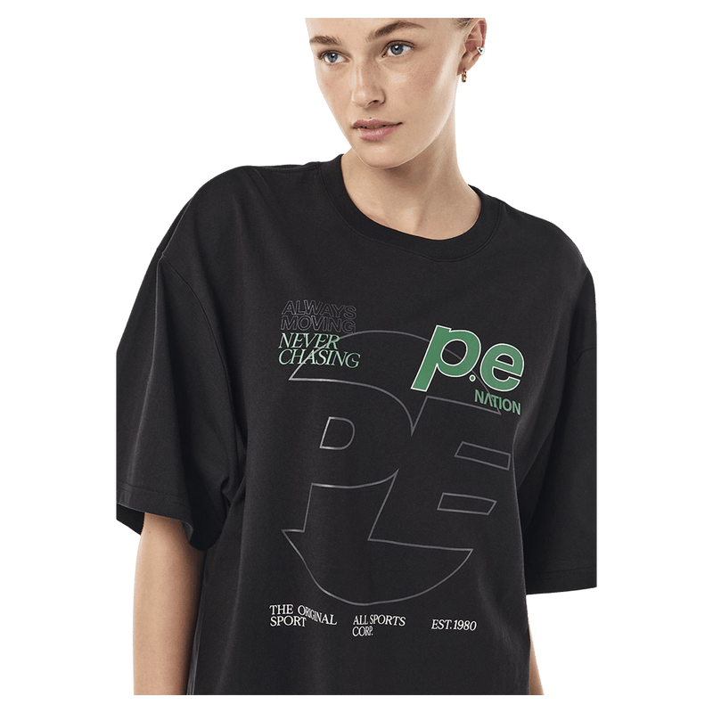 Close view of P.E Nation Current Oversized Tee - Womens in colour Black.