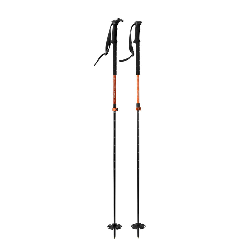 Voile CamLock 2 Carbon Ski Poles shown extended with red and black shafts, black grips, and orange cam locks l