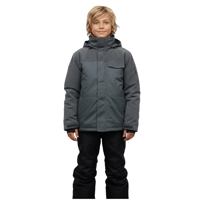 Front view of the Cartel Manfred Jacket in Ebony Plaid colourway, kids model