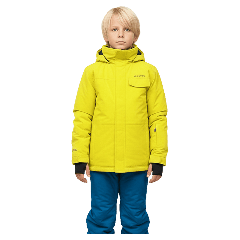 Front view of the Cartel Manfred Jacket in Yuzu colourway, kids model