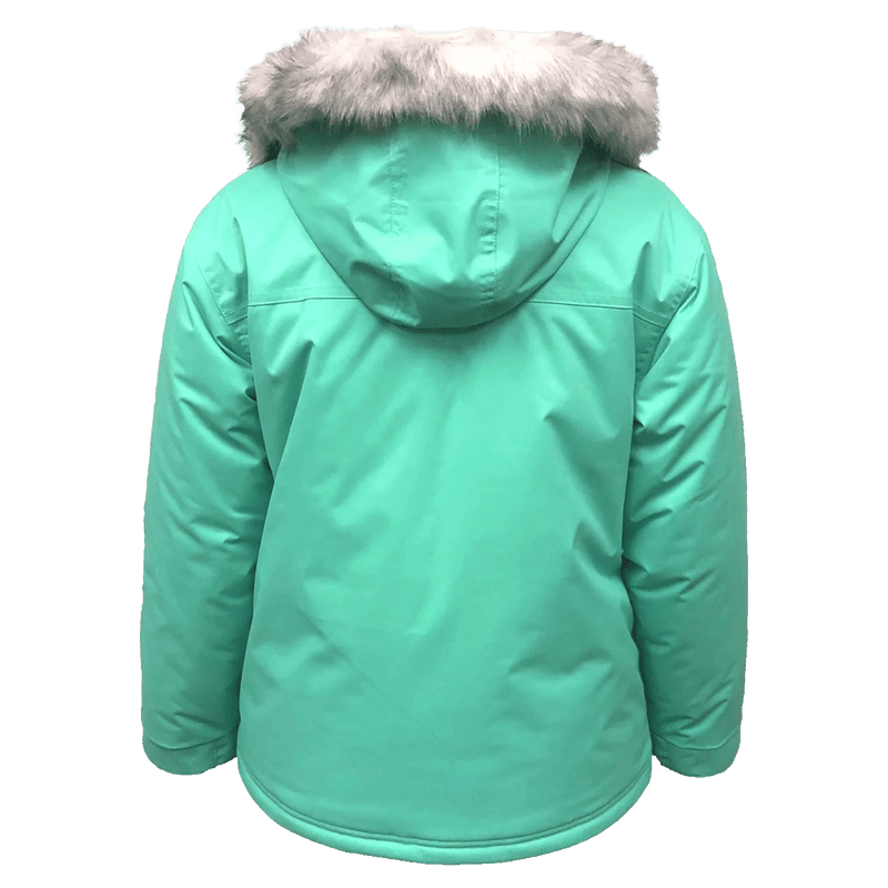 Back view of the Cartel Peaches Jacket in Ice Green colourway, kids model