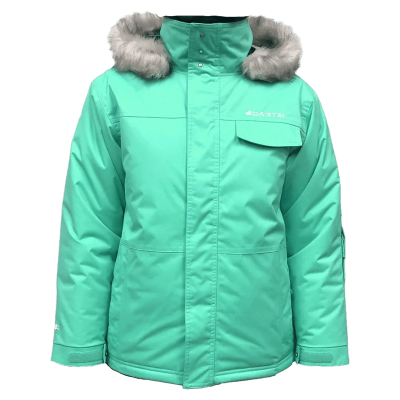 Main view of the Cartel Peaches Jacket in Ice Green colourway, kids model