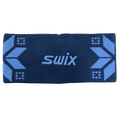 Navy blue knitted Swix Colorado Headband featuring a light blue snowflake pattern and embroidered logo on the side.