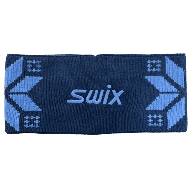 Navy blue knitted Swix Colorado Headband featuring a light blue snowflake pattern and embroidered logo on the side.