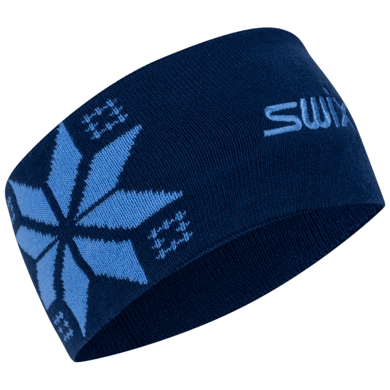 Navy blue knitted Swix Colorado Headband featuring a light blue snowflake pattern and embroidered logo on the side.
