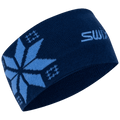 Navy blue knitted Swix Colorado Headband featuring a light blue snowflake pattern and embroidered logo on the side.