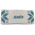 White knit Swix Colorado Headband featuring a light blue snowflake pattern and embroidered blue logo.