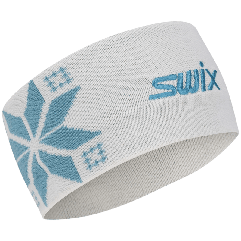 White knit Swix Colorado Headband featuring a light blue snowflake pattern and embroidered blue logo.