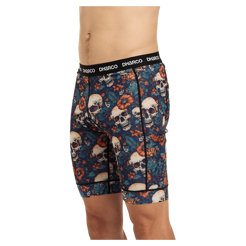 Side view of man in the Dharco Padded Bike Party Pants in colour Skullduggery.