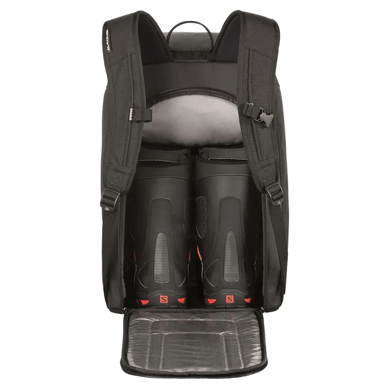 Back panel view of the Dakine Boot Pack 50L in Black colourway, unisex's model