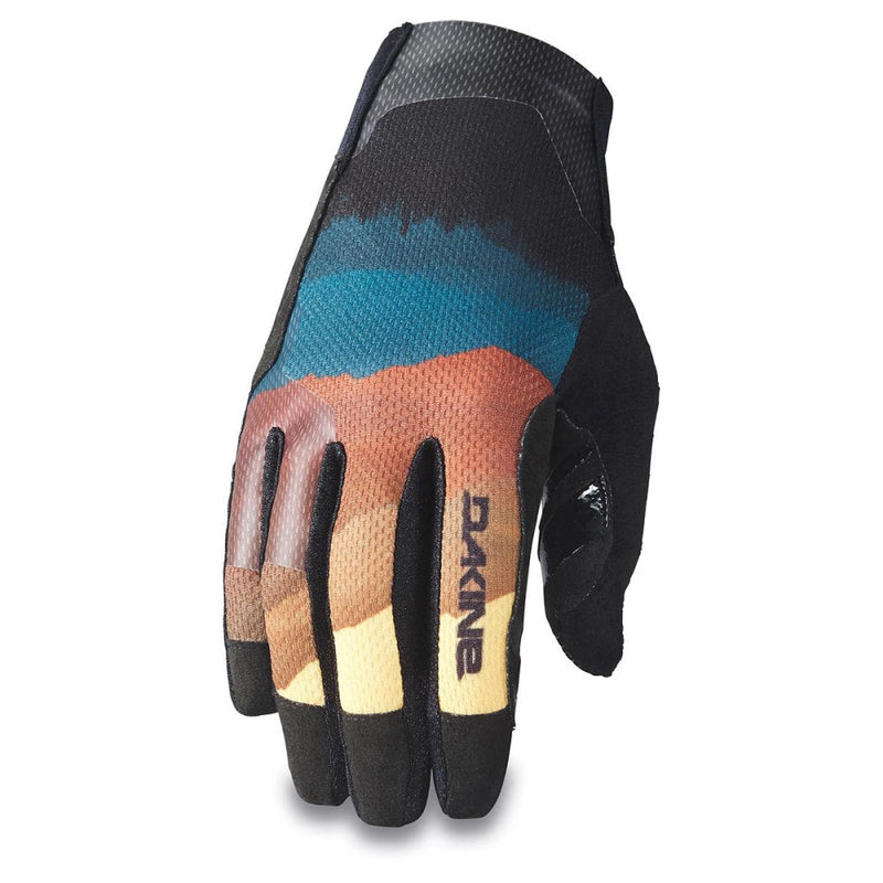 Men's bike glove in blue, orange, yellow fade print.