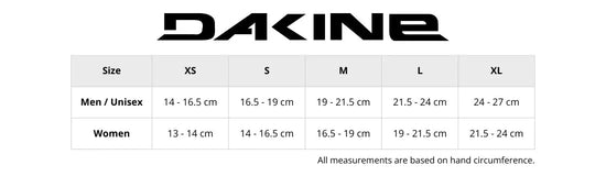 Size chart for Dakine handwear showing measurements for men and women. Includes hand circumference in centimetres, with corresponding sizes. Helps customers find the right glove or mitten fit