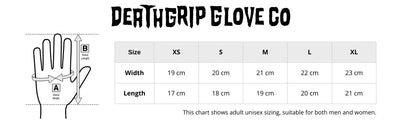 Size chart for Deathgrip Gloves Co. handwear showing measurements for men and women. Includes hand circumference and length in centimetres, with corresponding sizes. Helps customers find the right glove or mitten fit