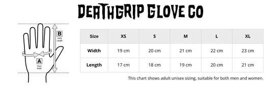 Size chart for Deathgrip Gloves Co. handwear showing measurements for men and women. Includes hand circumference and length in centimetres, with corresponding sizes. Helps customers find the right glove or mitten fit