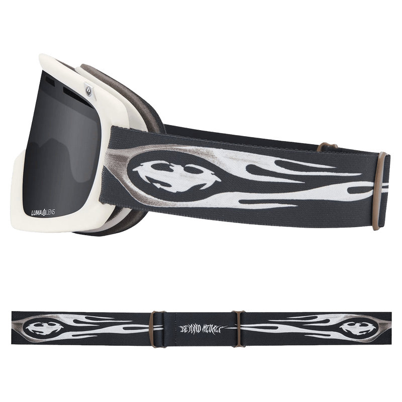 Side view of the Dragn D1 Goggles in Beyond Medals, LL Dark Smoke lens, unisex model