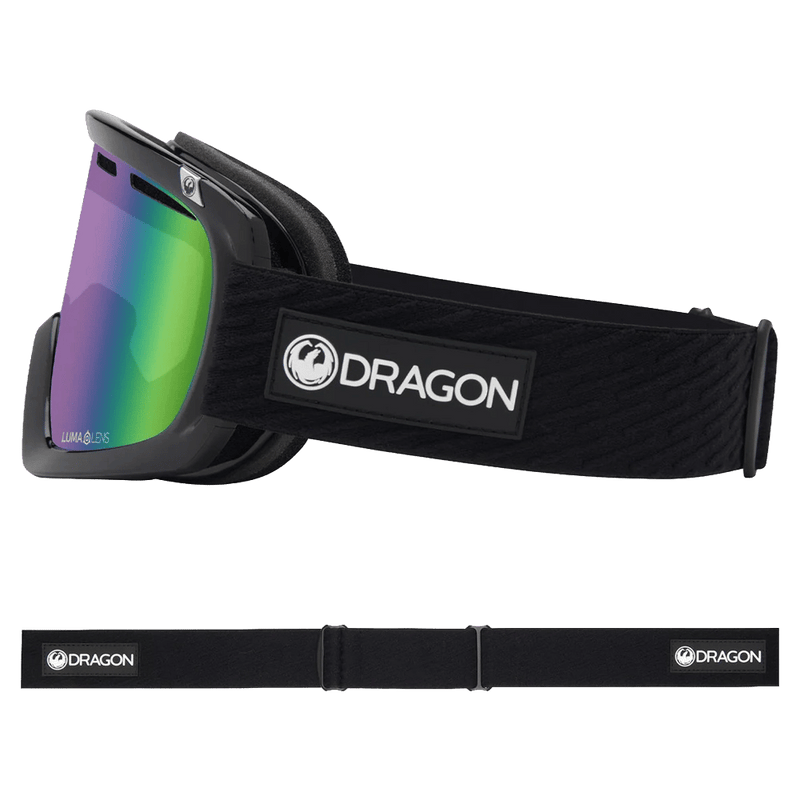 Side view of the Dragon D1 Goggle in Icon Green colourway, unisex's model